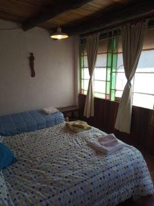 een slaapkamer met een bed en glas-in-loodramen bij Casa en la Ruta del Vino in Mendoza