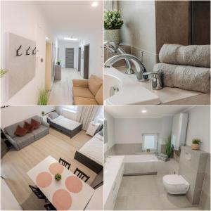kolaż zdjęć łazienki i salonu w obiekcie WOLSKA APARTMENT 80m2 - 7 people, 3 rooms we Wrocławiu