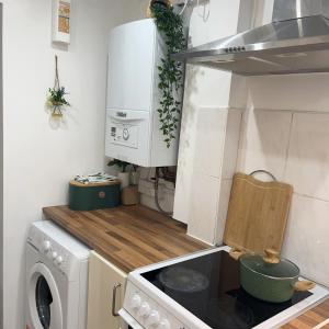 uma pequena cozinha com um fogão e uma máquina de lavar roupa em Monk’s Lodge em Parkside
