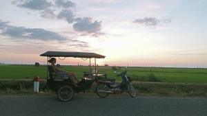 a woman sitting in a golf cart on the side of the road at Kakrona Pouk Homestay in Siem Reap