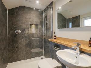 a bathroom with a shower and a toilet and a sink at St Mary's Cottage in Windermere