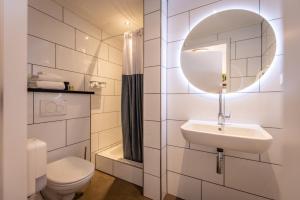 uma casa de banho com um lavatório, um WC e um espelho. em Hotel Herberg de Lindehoeve em Grubbenvorst