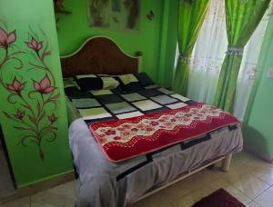 um quarto com uma cama numa sala verde em Hostal Golden Quinua em Uyuni