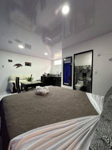 1 dormitorio con 1 cama grande y baño en Hotel Serendipity, en Tortuguero