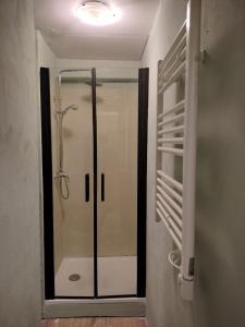 a bathroom with a shower with a glass door at Appartement 2 Chbres Calme Vue vallée 500m des pistes in Le Corbier