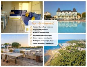 eine Collage mit Bildern eines Hauses und eines Pools in der Unterkunft "ÉPHÉ'MER TURQUOISE" Appartement-5 pers-vue piscines-village vacances in Talmont