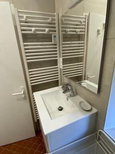 La salle de bains est pourvue d'un lavabo blanc et d'un miroir. dans l'établissement NEW Grand Studio Plein centre Clermont-Ferrand, à Clermont-Ferrand