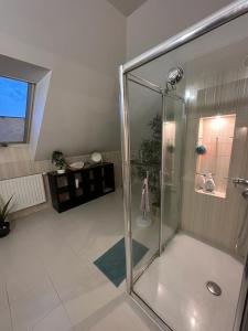 a bathroom with a shower with a glass door at Family house in Wieliczka