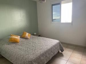 ein Schlafzimmer mit einem Bett mit zwei Kissen und einem Fenster in der Unterkunft Le Ti Mimosa - Lagon in Saint-Leu