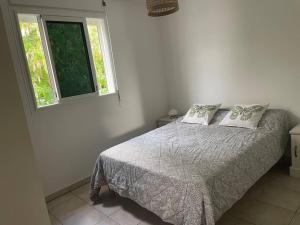 ein Schlafzimmer mit einem Bett mit zwei Kissen und einem Fenster in der Unterkunft Le Ti Mimosa - Lagon in Saint-Leu