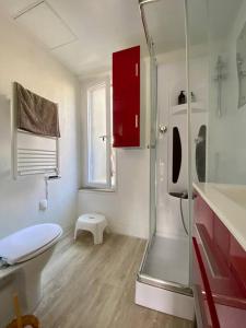 La salle de bains est pourvue de toilettes et d'une douche en verre. dans l'établissement Studio avec terrasse à Deauville, à Deauville