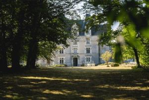 ein großes weißes Haus mit Bäumen davor in der Unterkunft Hotel The Originals Château de Perigny in Vouillé