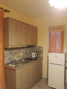 a kitchen with a sink and a white refrigerator at Amaryllis Hotel in Karpathos