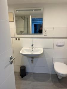 uma casa de banho com um lavatório, um WC e um espelho. em Home for You- Monteurwohnung Ferienwohnung 2 