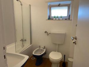 a bathroom with a toilet and a shower and a sink at Charming 3 Bedroom Apartment in the centre of Faro in Faro