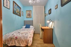 1 dormitorio con paredes azules, 1 cama y escritorio en Apartamento Carlos-1, en Madrid