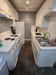 Elle comprend une petite cuisine équipée d'appareils électroménagers blancs et d'un évier. dans l'établissement Blue Shark G9 - Midtown 1BR King Suite, à Houston
