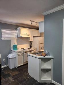 Blue Shark G9 - Midtown 1BR King Suite في هيوستن: مطبخ صغير مع أجهزة بيضاء ومغسلة