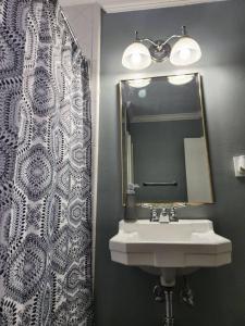 Blue Shark G9 - Midtown 1BR King Suite في هيوستن: حمام مع حوض ومرآة