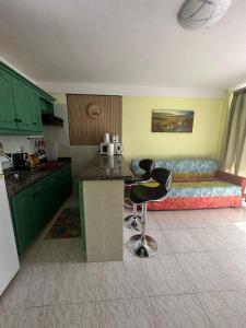 a kitchen with green cabinets and a bed in a room at Apartment for 4 person! Viña del mar in Playa de las Americas
