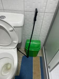 een badkamer met een toilet en een groene borstel bij Treat Homies 2 in Kira