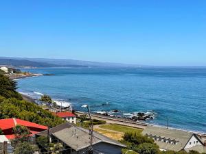 a view of a beach and the ocean at Hotel Bután Coronel in Coronel