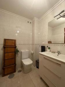 a bathroom with a toilet and a sink and a mirror at Piso BOLBORETEIRO in Allariz