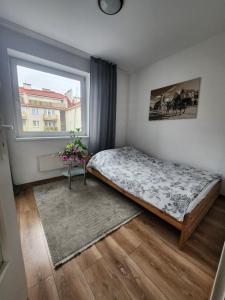 sypialnia z łóżkiem i oknem w obiekcie Wspomnienie młodości w Krakowie