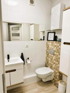 a small bathroom with a toilet and a sink at Apartament Ełk Centrum II in Ełk