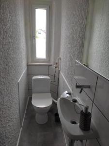 een witte badkamer met een toilet en een wastafel bij Gästezimmer Boxenstopp in Veitsbronn