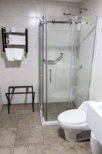 y baño con ducha de cristal y aseo. en Hotel Cuenca, en Cuenca
