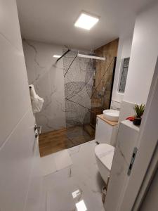 a white bathroom with a toilet and a shower at Apartman Nila in Vukovar