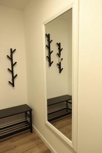 a mirror in a room with a black shelf at Apartman Nila in Vukovar