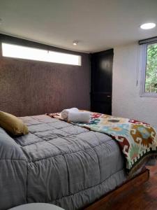 una camera con un letto in una stanza con una finestra di Lodge del Plata a Potrerillos