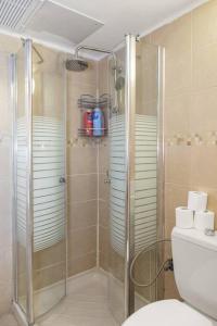 a bathroom with a glass shower and a toilet at Beautiful Ben Yehuda Apartment in Jerusalem