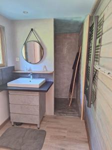 a bathroom with a sink and a mirror at Le CHALET in Pressins
