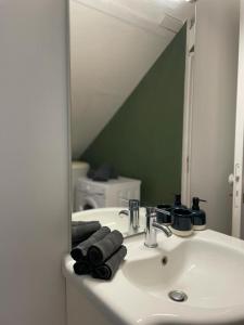 La salle de bains est pourvue d'un lavabo et d'un miroir. dans l'établissement LE COCON : 2 chambres - Centre-ville, à Bourges