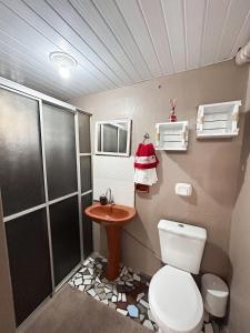 a bathroom with a toilet and a sink at Casa Astral a melhor escolha em ITAJAÍ in Itajaí