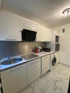 een keuken met een wastafel en een wasmachine bij Mon superbe appartement in Argenteuil