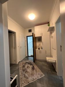 a kitchen with white cabinets and a table in a room at Kashmir in Golubac