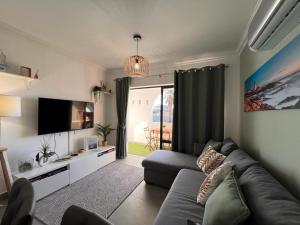 a living room with a couch and a tv at Oásis de verão- 2 bedrooms flat with swimming pool in Sagres