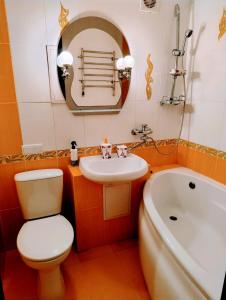 a bathroom with a toilet and a sink and a tub at Хорошая однокомнатная квартира в центре города in Shostka
