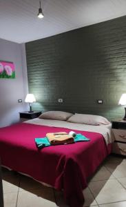 sypialnia z dużym łóżkiem i czerwonym kocem w obiekcie HOSTAL DEL SOL w mieście Manuel Elordi