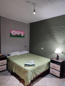 Manuel ElordiにあるHOSTAL DEL SOLのベッドルーム(ランプ付きの大きな緑のベッド付)