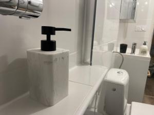 a white bathroom with a black lamp on a counter next to a toilet at ღ Le Saintois • Au cœur de ville, Spacieux & Wifi in Saintes +22 photos