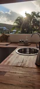 a kitchen counter with a sink on a wooden counter top at Coco Carib - Massage offert à partir de 3 nuits in Deshaies