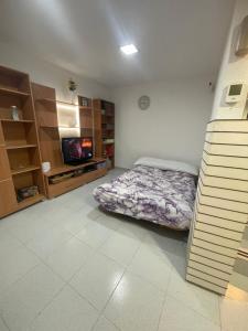 1 Schlafzimmer mit einem Bett, einem TV und einer Treppe in der Unterkunft Acogedor Apartamento in Hospitalet de Llobregat