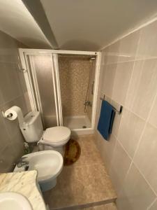 y baño pequeño con aseo y ducha. en Acogedor Apartamento, en Hospitalet de Llobregat