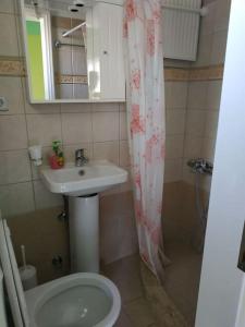 y baño con lavabo, aseo y espejo. en Eftychia’s home-Σπίτι με θέα τη λίμνη Πλαστήρα, en Ágios Athanásios