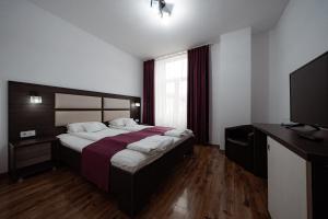a bedroom with a large bed and a television at Quantum House in Vatra Dornei